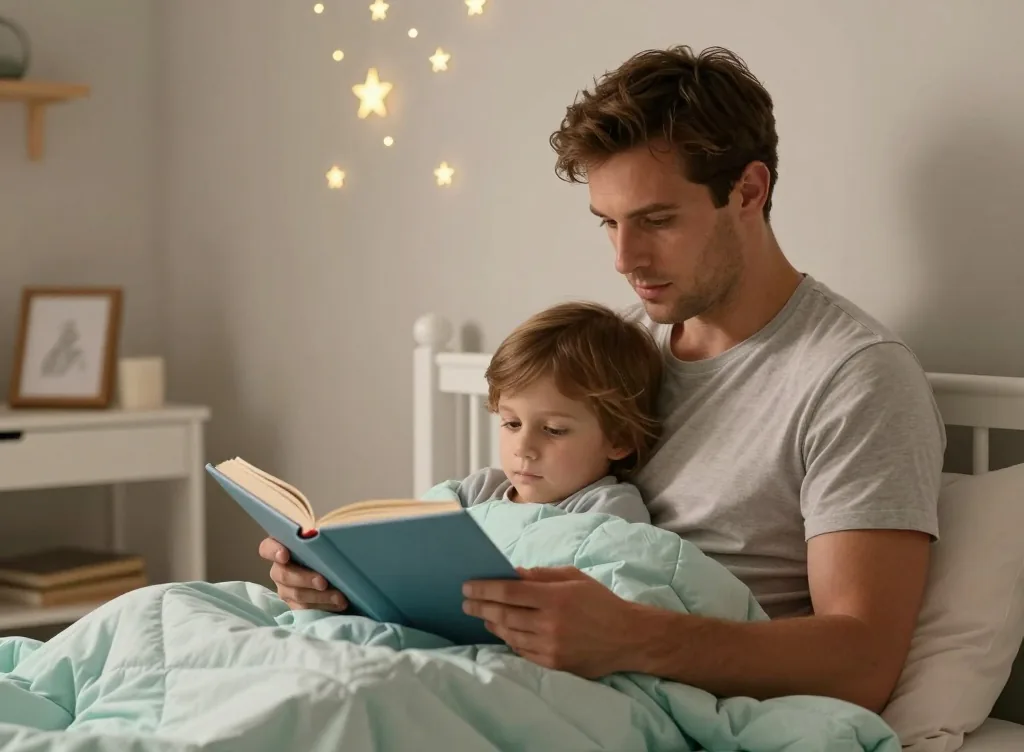 Father reading a picture book to a calm young child tucked under a pastel mint weighted blanket